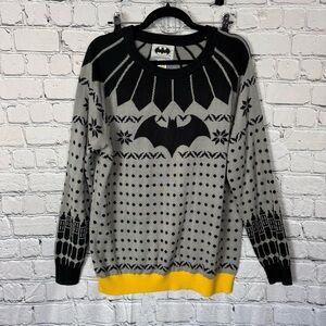 Men's Lg Batman Christmas Sweater Black Yellow Gray Accents Gotham City Sleeves